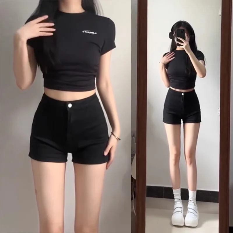 

High Waist Short Shorts Women's Summer Hot Pants Tight Jeans Cotton Stretch Fabric Deep Color Versatile Black Denim Shorts