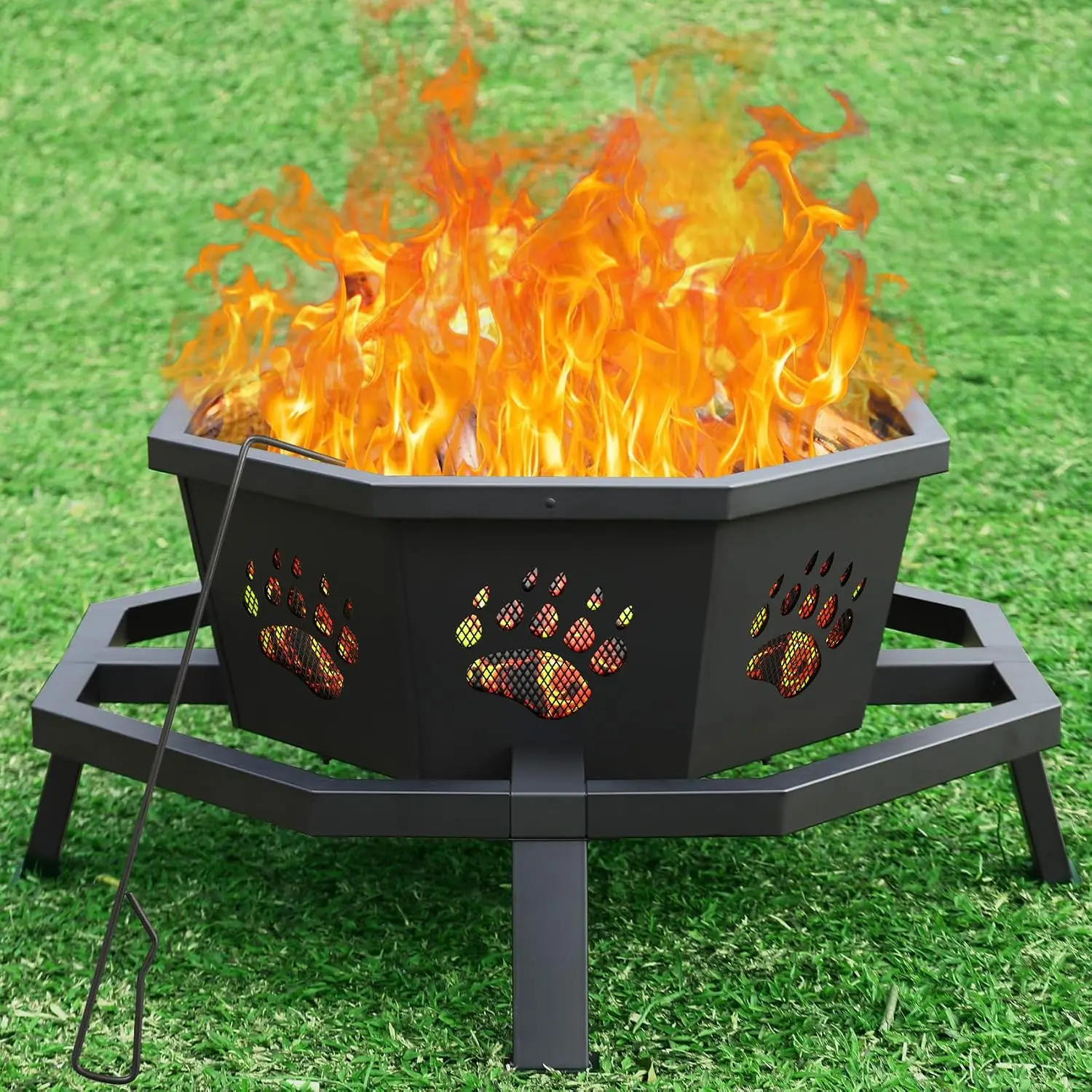 35 Inch Fire Pit, Wood Burning Fire Pit for Outside, Heavy Duty Octagonal Firepit with Poker, Fire Pits for Outside, Camping