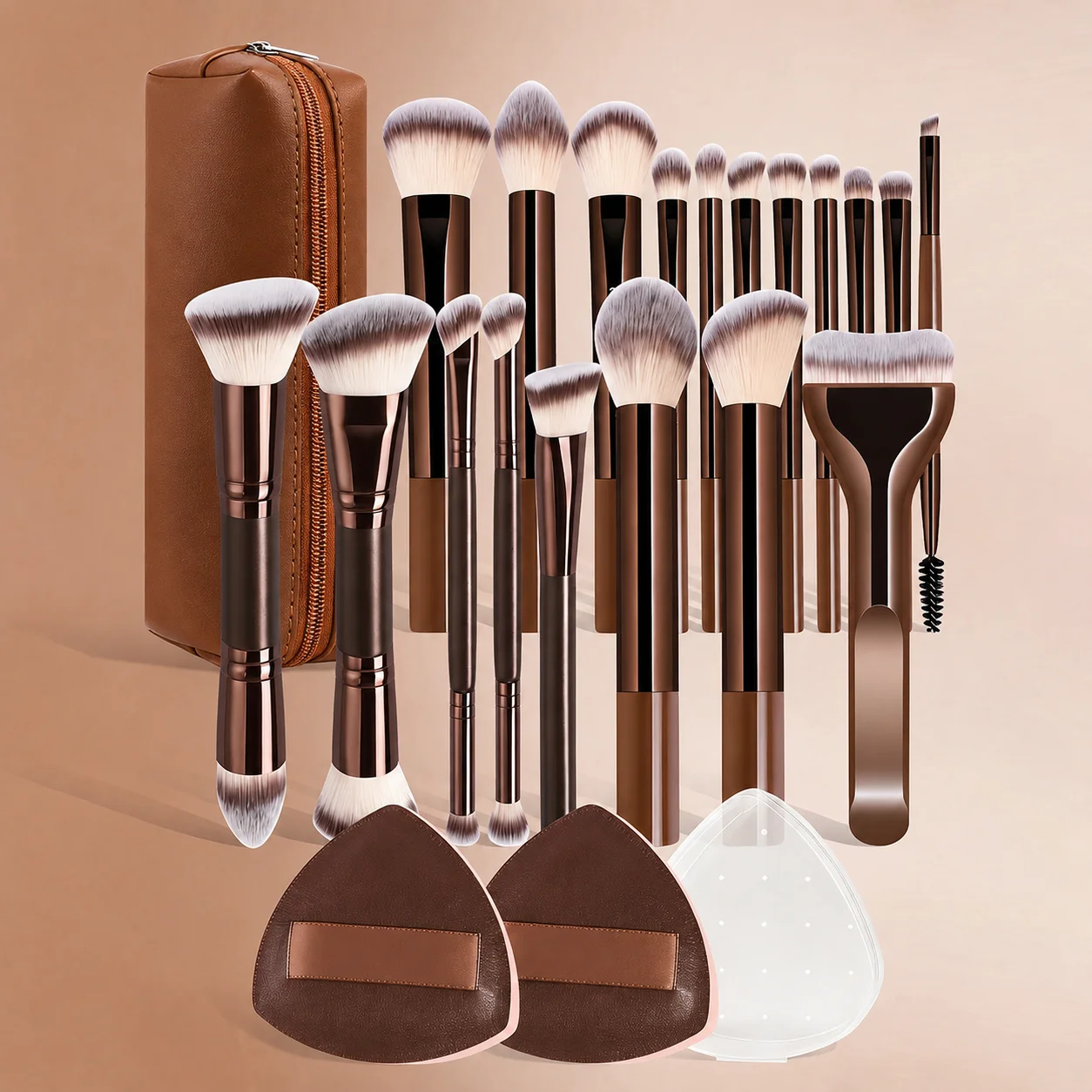 19PCS Makeup Brush Kit with PU Bag 2 Triangle Powder Puffs and Storage Box Soft Synthetic Brushes for Face Eye Foundation Blush