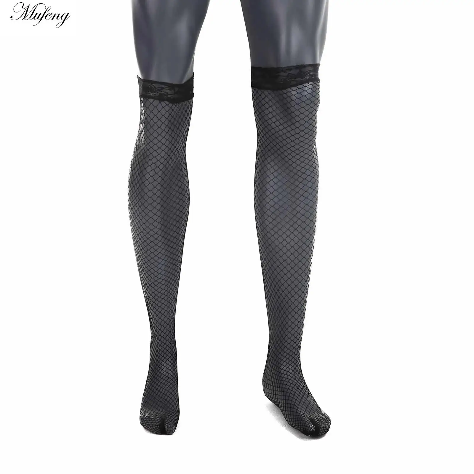 6p Adult Sexy Stockings Men's Net Hosiery Lace Top Fishnet Hosiery Gay Male Underwear Thigh-Highs Sheer Mesh Stockings Anti-slip