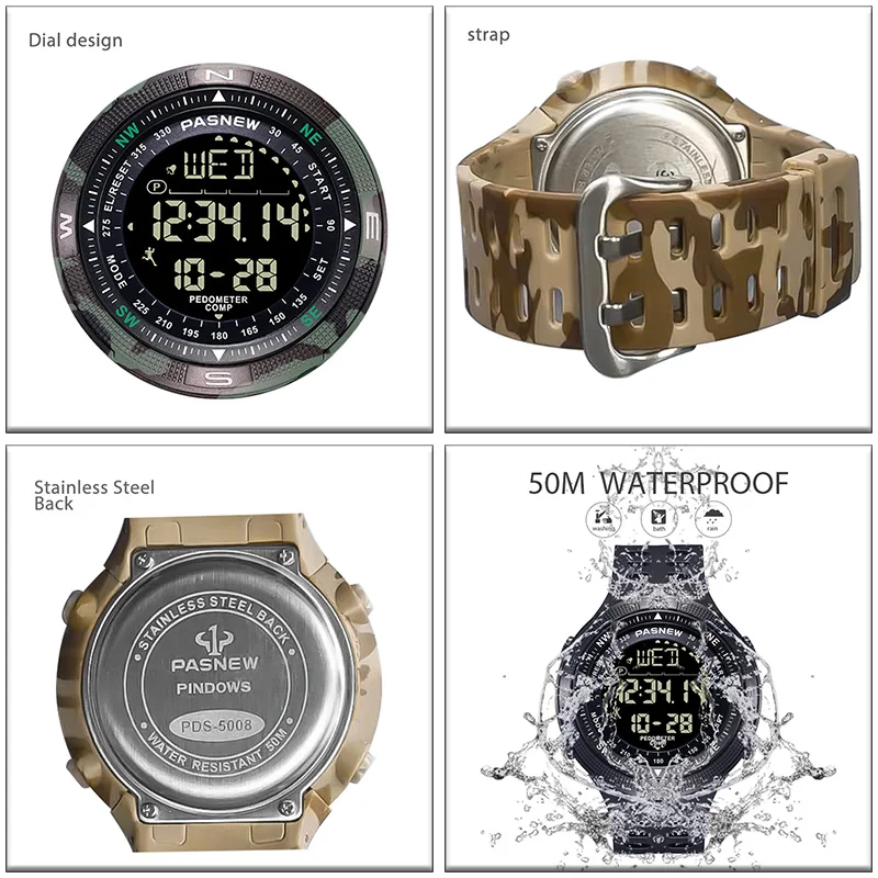 متعددة الوظائف الرياضة ساعة للرجال ، البوصلة الرقمية الكبيرة ، ساعة اليد الإلكترونية ، الصبي العودة التوجيه ، مقاوم للماء ساعة اليد العسكرية