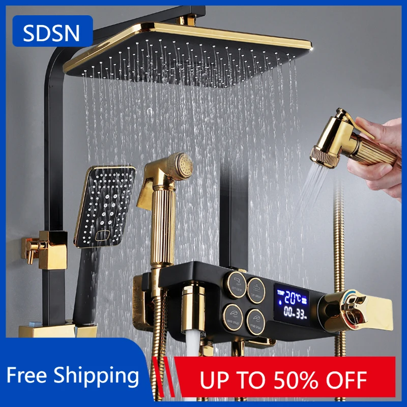 Juego de sistema de ducha de baño termostático, accesorios de grifos de baño de latón macizo, cabezal de ducha de lluvia, juego de ducha de baño frío y caliente