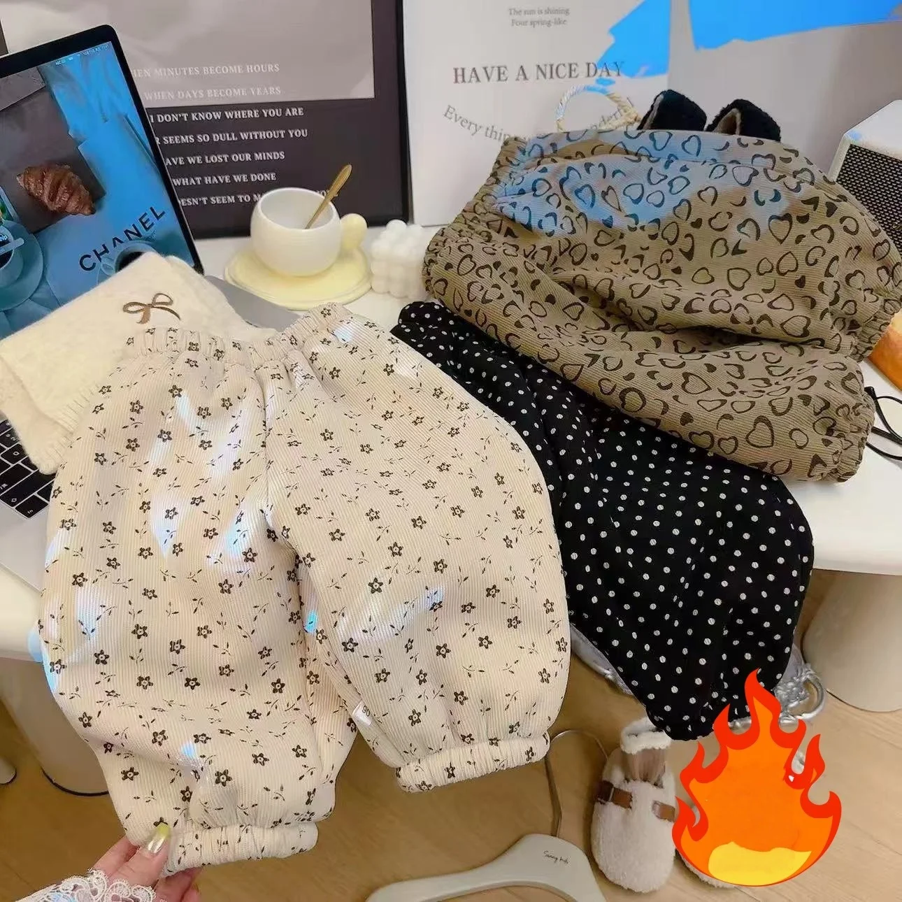 

Winter Children Clothes Fleece Lined Wide Leg Pants Warm Floral Print Trousers Fashion Loose Pants for 1-9Y Boys Girls