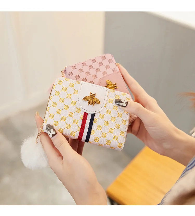 2023 trendy style retro ring print honey ribbon fur ball decoration multi card short  handbag women\'s bag