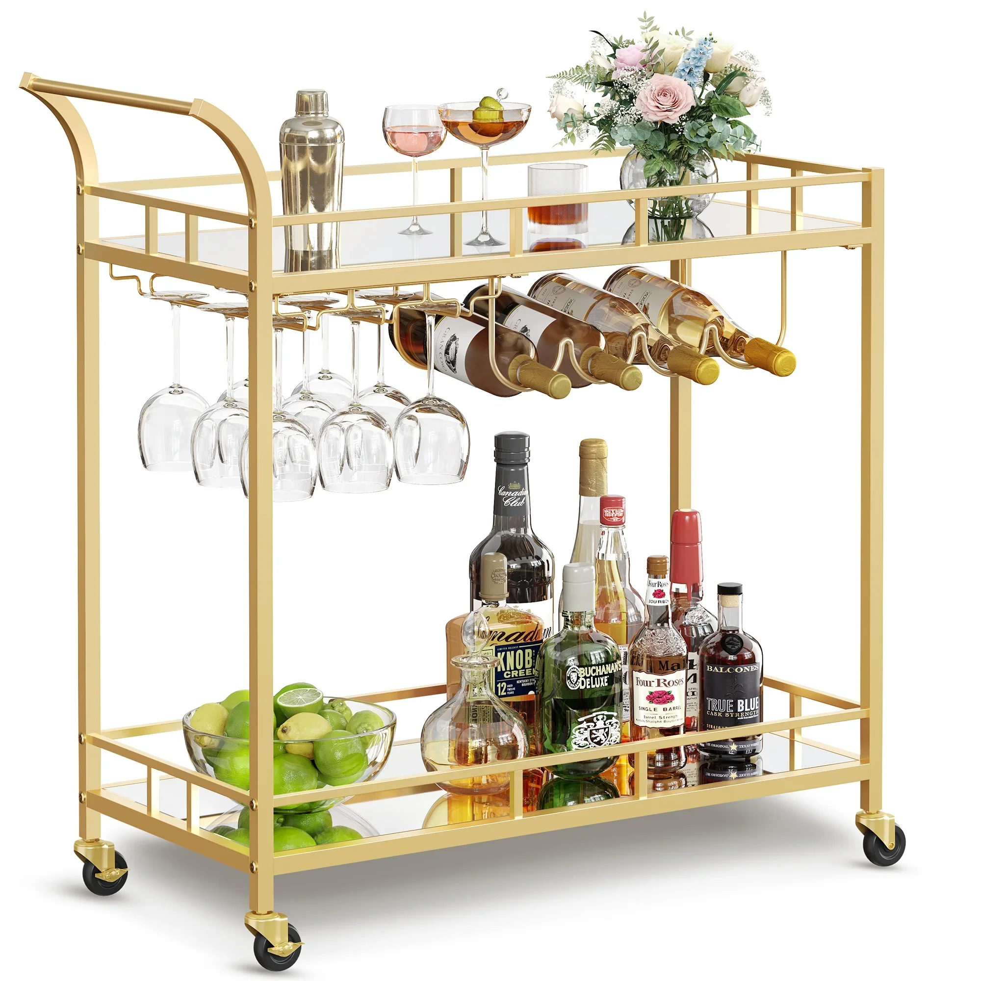 2 Tiers Hotel Luxury Gold Metal Frame Serving Bar Carts Serving Trolley Food Service Cart With Wheels