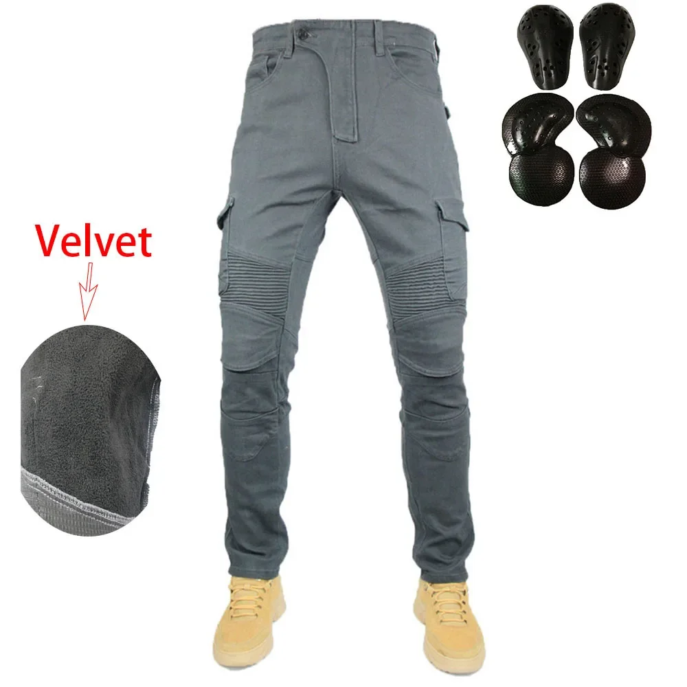 UGB06 Motorcycle Winter Riding Velvet Jeans Snowmobile Riding Drop-resistant Cashmere Pants With Protective Gears ATV