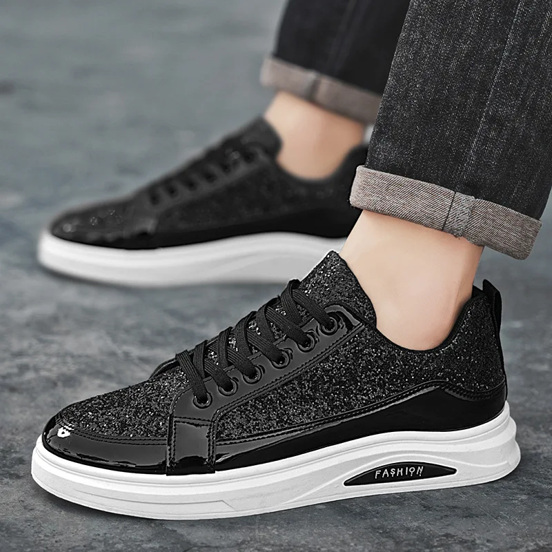 New Men's Flats Bling Skateboard Shoes Casual Sneakers Fashion Sequin Vulcanized Shoes for Men PU Leather Casual Running Shoe