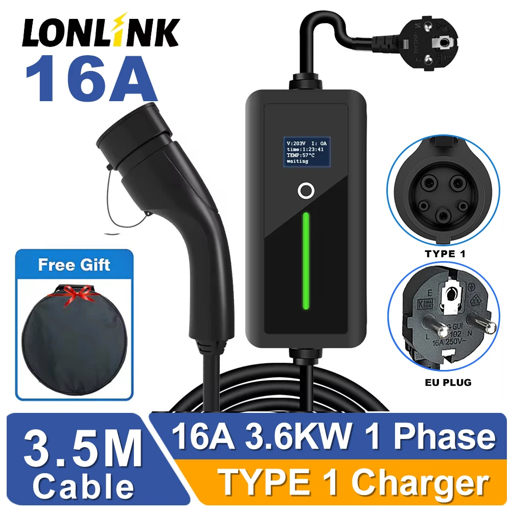 

Portable Ev Charger Type 1 charger 3.6KW 16A 5 meter level 2 evse wall box charger 240v ev charger EU plug Electrical cardevices