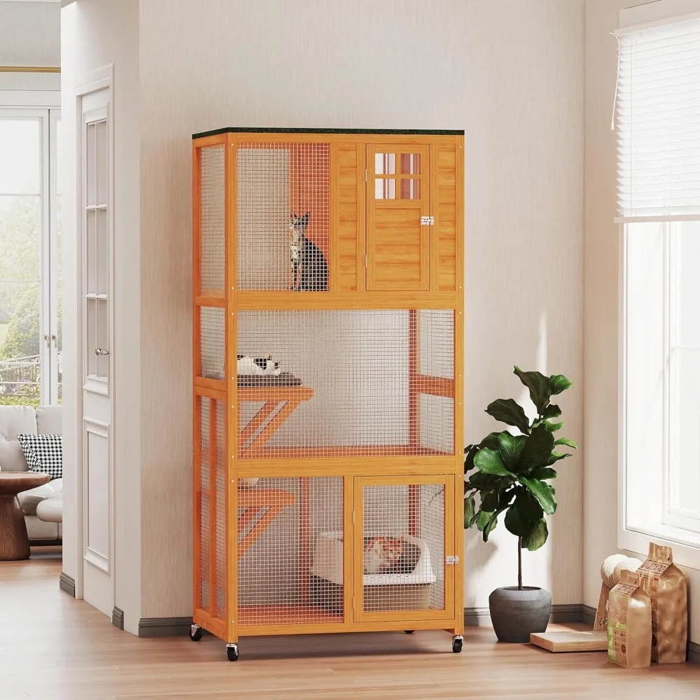 حاوية قطط خشبية خارجية مع مقاومة للعوامل الجوية وتحرك بعجلات للقطط ذات الوزن العالي