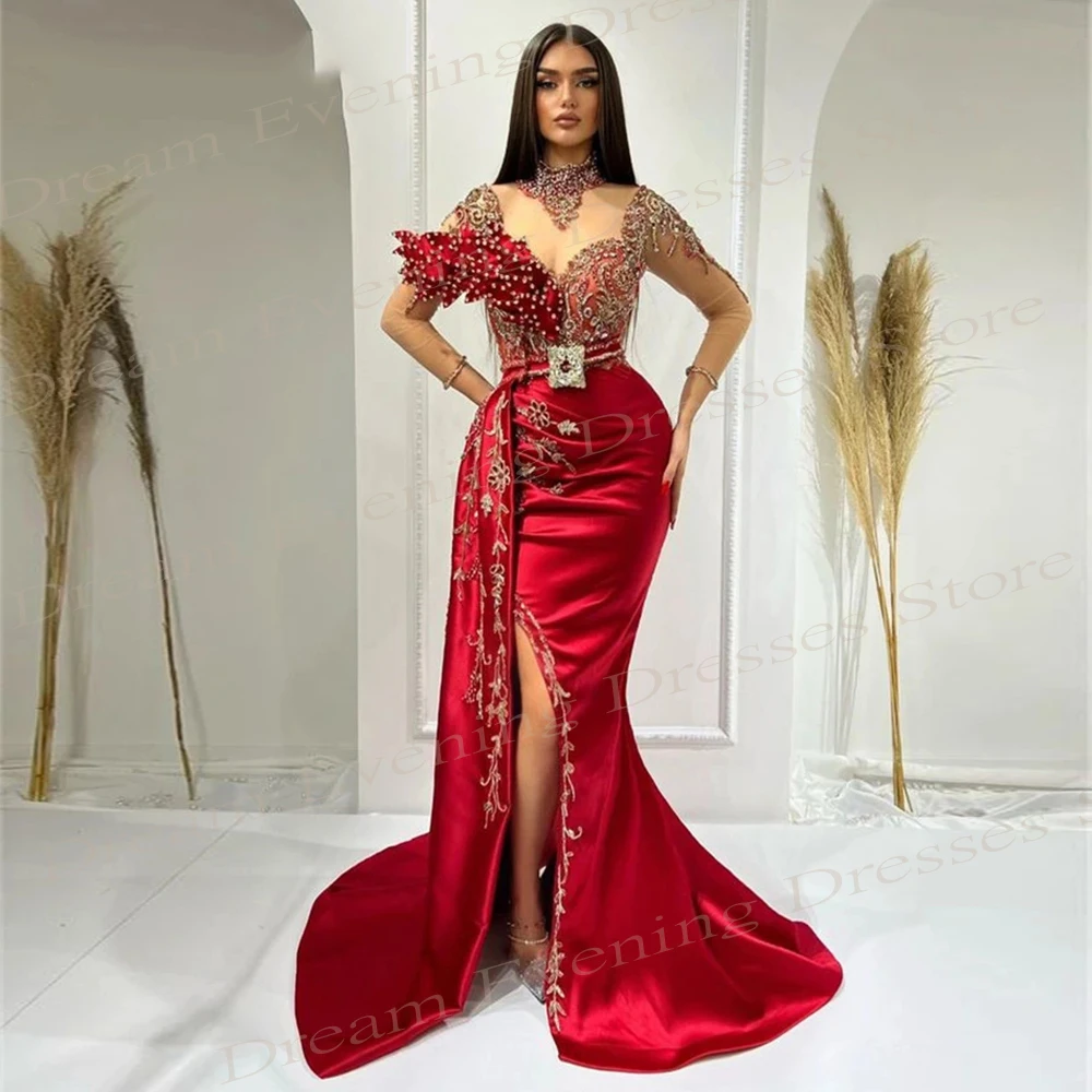 Sexy Generous Red Women's Mermaid Elegant Evening Dresses New High Neck Long Sleeve Prom Gowns Side Split Pleated Vestido Festa