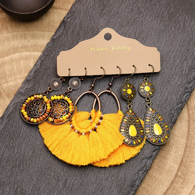 

Bohemian Style Amazon Hot-Selling Tassel Flower Large Hoop Accessories Round Oil Drop Colorful Vintage Earrings Set