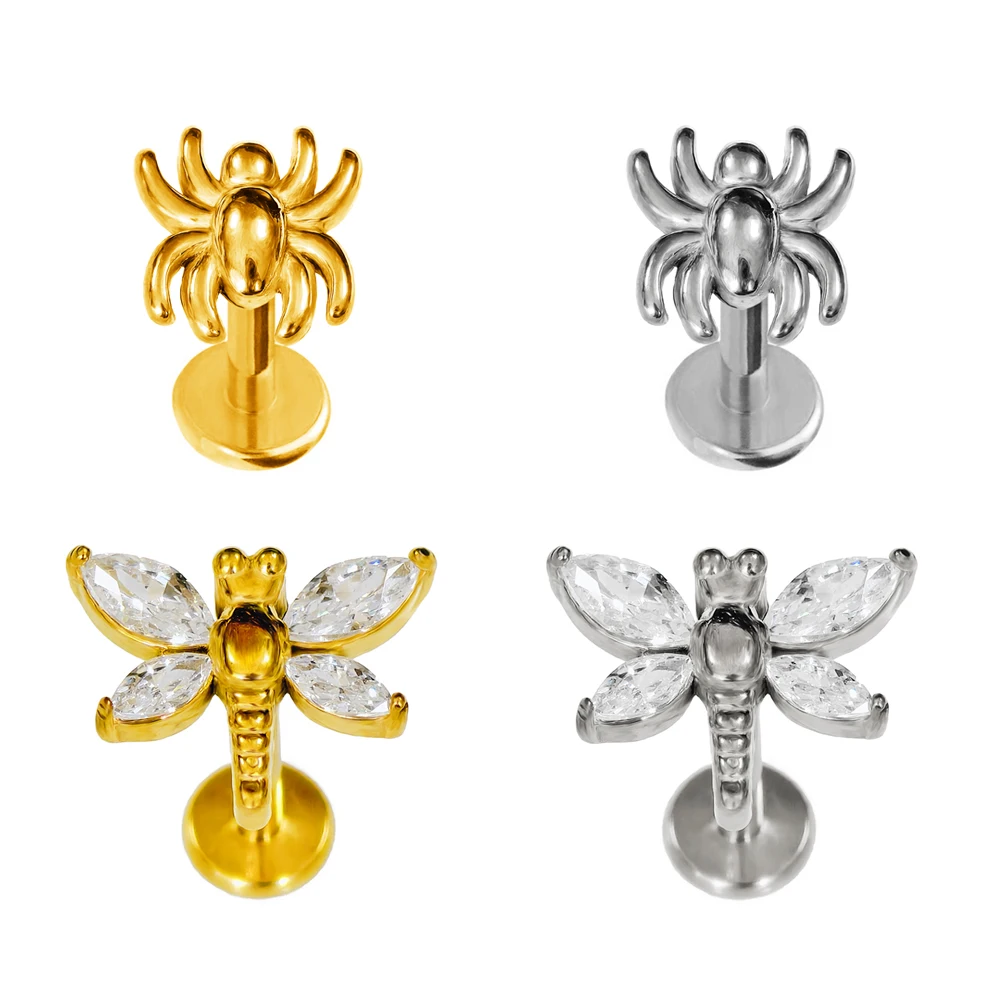 

100% 316L Surgical Steel Dragonfly Spider Labret Piercing Tragus Internal Thread Cartilage Helix Flat Back Earrings Body Jewelry