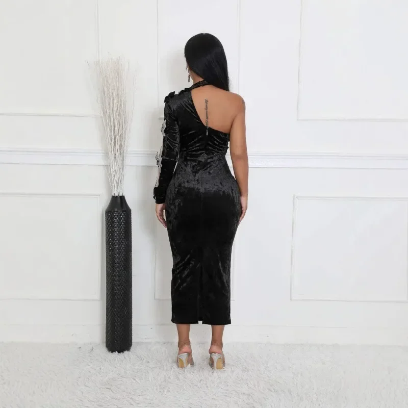 KEXU Sexy One Shoulder Velvet Maxi Dress Women Evening Night Club Party Halter Long Sleeve Bow Tie Prom Elegant Long Dresses