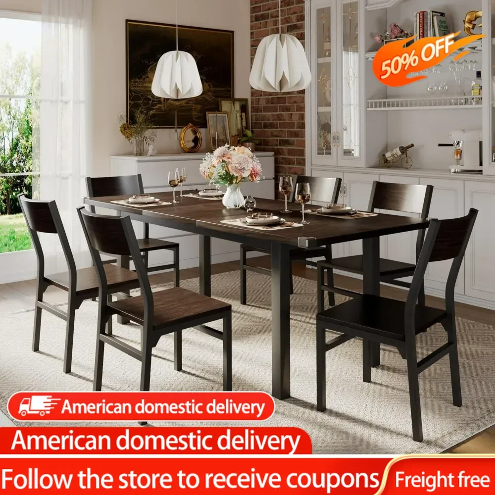 7 Pieces Dining Table & Chairs Set for 4-6,  Dining Room Table with MDF Board & Metal Frame