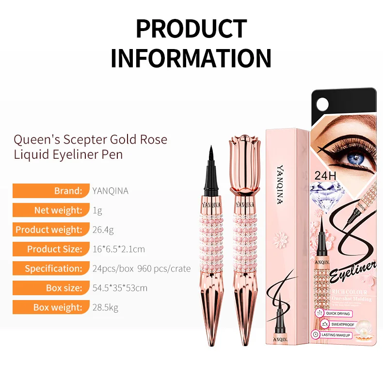 New YANQINA Precision Liquid Eyeliner Pen Long-lasting Waterproof Transfer-proof Quick-Dry Black Eyeliner with Sparkling Design