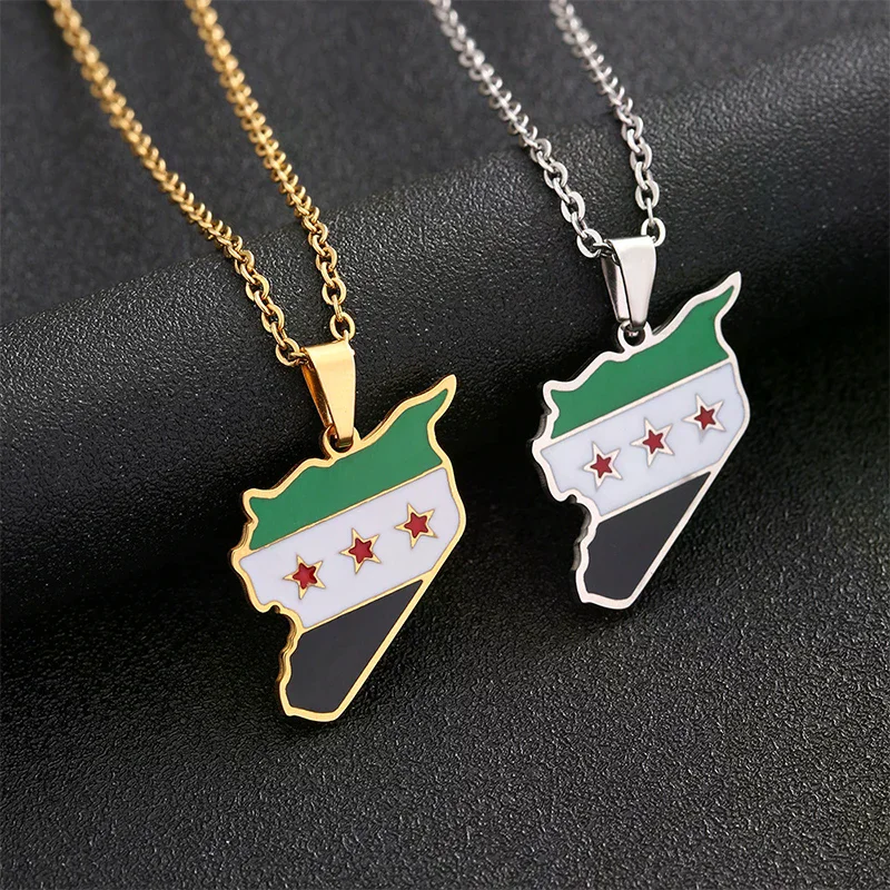 Women Men Stainless Steel Syria Map Flag Pendant Necklaces Fashion Syrians Map Chain Jewelry Hip-Hop Necklace Decoration