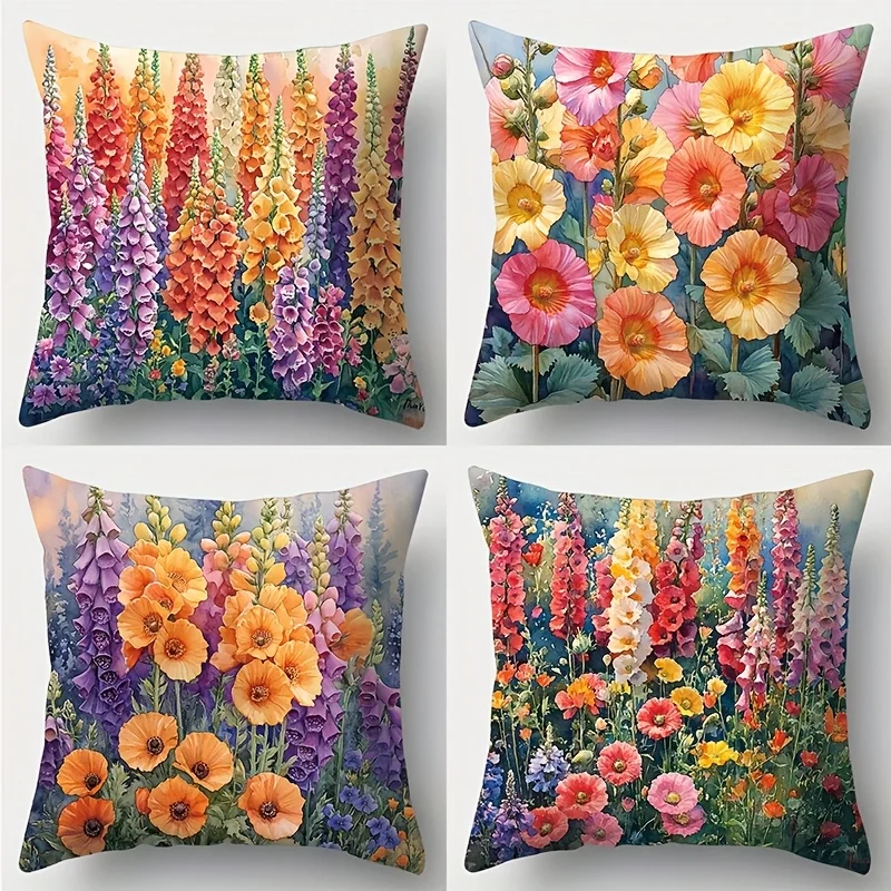 Vibrant Floral Garden Print Pillowcase Cushion Cover Cottagecore Bouquet Design Home Decor Accent Textile Luxury Bedroom Decor A