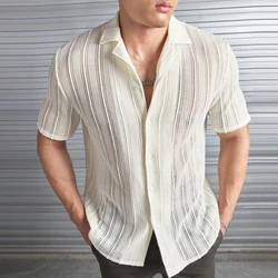 Men's Shirts Spring Sexy Pure Breathable Hollow Crochet T Shirt Men Summer Short Sleeve Button Lapel Casual Knitted Top Cardigan