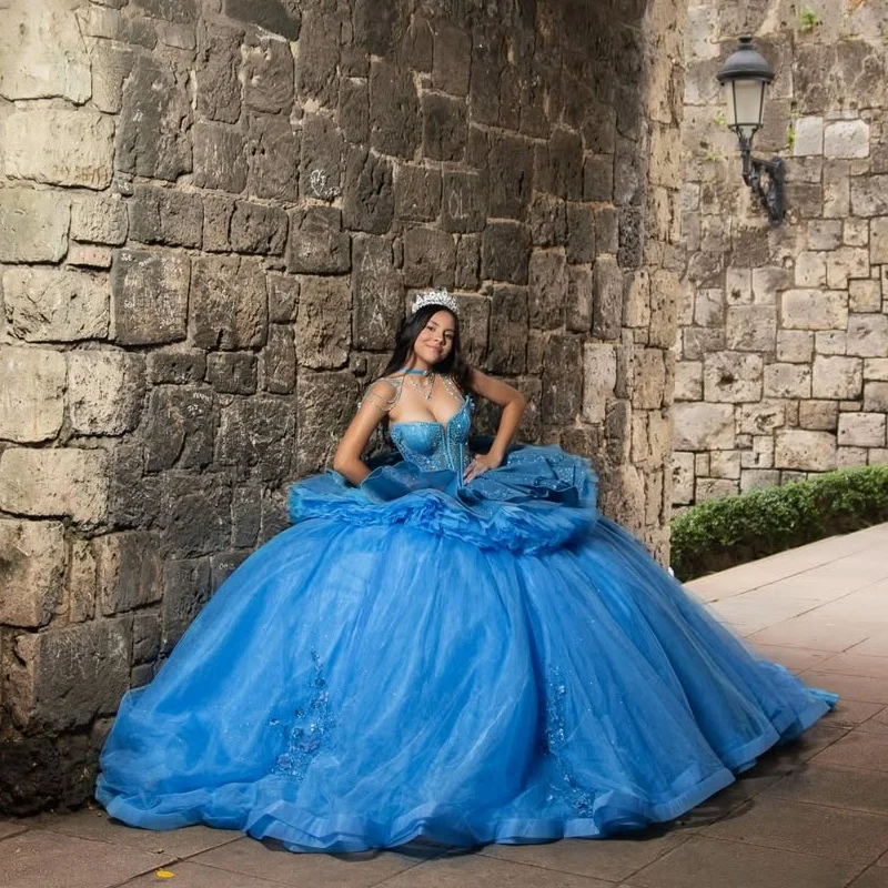 

Blue Quinceanera Dress off-shoulder Glitter Crystal 3D Flower Decal Long tail Bow vestidos de 15 Quinceanera ﻿Customize