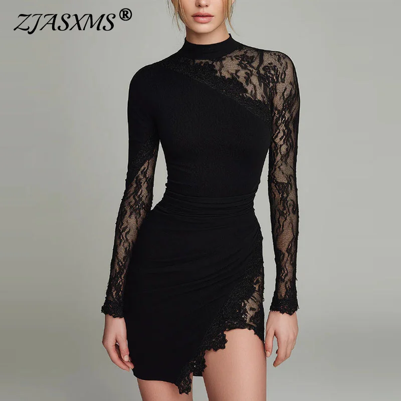 Nouvelle Robe Mini Sexy Noire en Dentelle pour Femme, Col Rond, Manches Longues Transparentes, Froncée, Moulante, Élégante, à Ourlet Asymétrique, pour Soirée Printemps