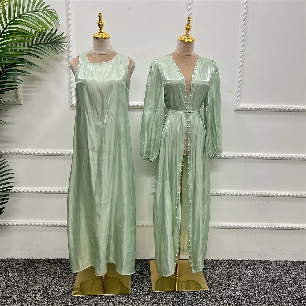 Morocco Caftan Elegant Muslim Abaya Women Dress Set 2 Pieces Dubai Satin Kimono Cardigan Robe Beads Long Sleeve Abays Outwear