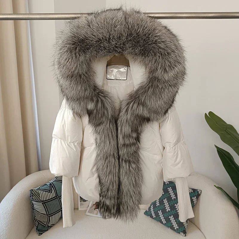 MENINA BONITA New Real Fox Fur Collar Hooded Winter Jacket Women Natural Warm Loose Oversize Duck Down Coat Streetwear Outerwear