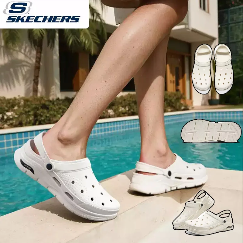Zuecos Skechers para Hombre, Nuevo Estilo Verano 2026, Zapatos Blancos de Playa, Sandalias Cerradas para Exteriores, Pantuflas Transpirables 243160-WNV