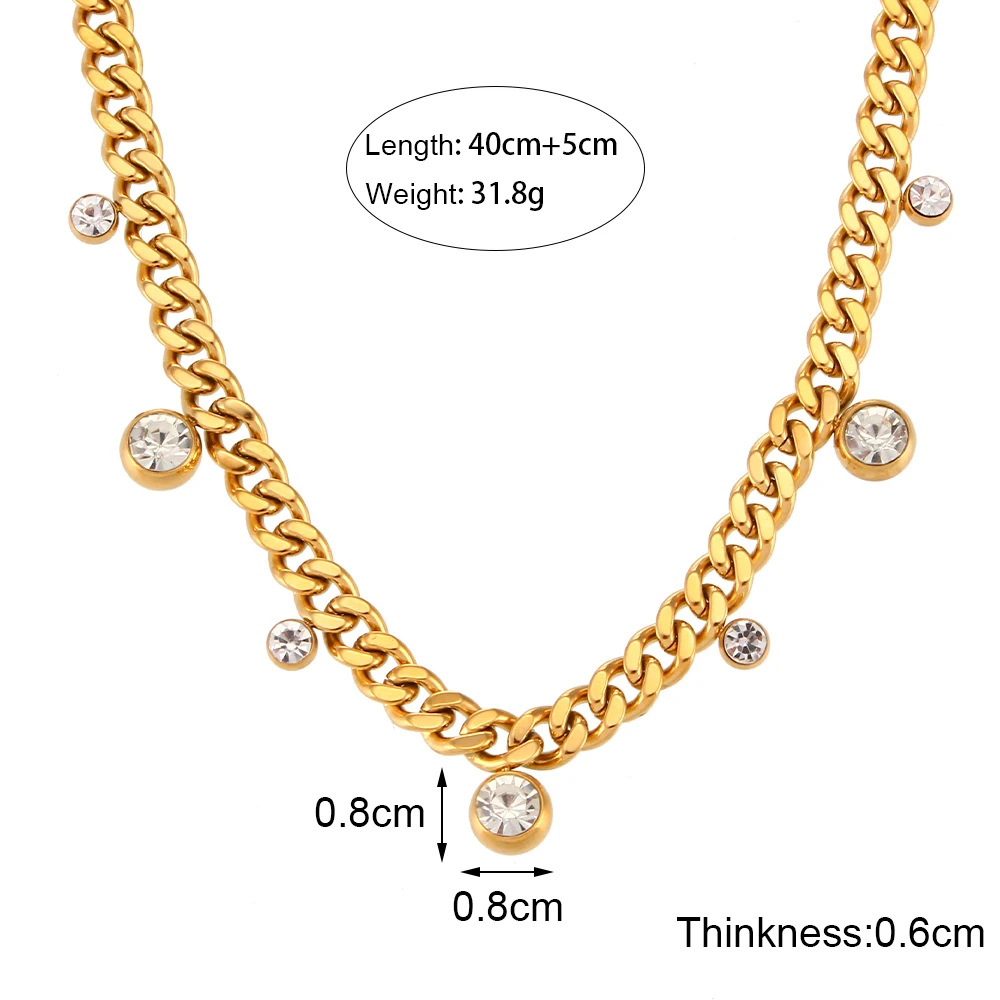 MamacitaSlay Trendy Round Zircon Gold Plated Cuban Chain Necklaces Adjustable Stainless Steel Choker Necklaces for Women Party