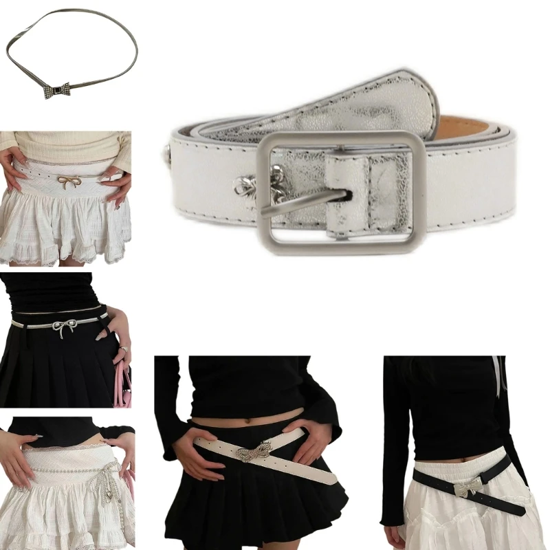 

Metallic Bowknot Buckle Belt for Women Fashion Waist Belt Cool Girls Waistband for Jeans Pants 2000s Skinny Waist Strap