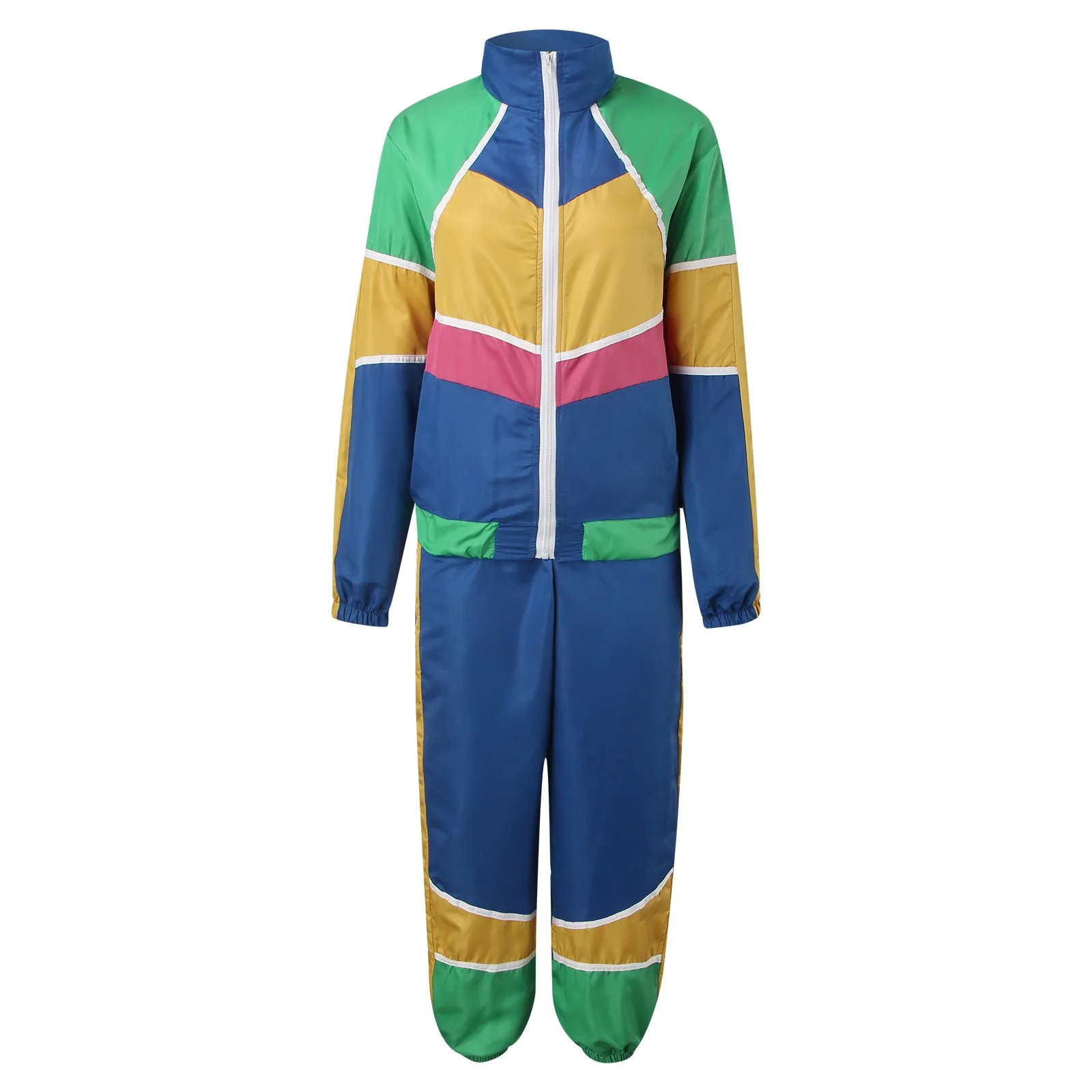 Adult Women And Man 80s Retro Style Hip Hop Windbreaker Disco Tracksuit Two Piece Set Colorblock Long Sleeve Tops And Pants Suit