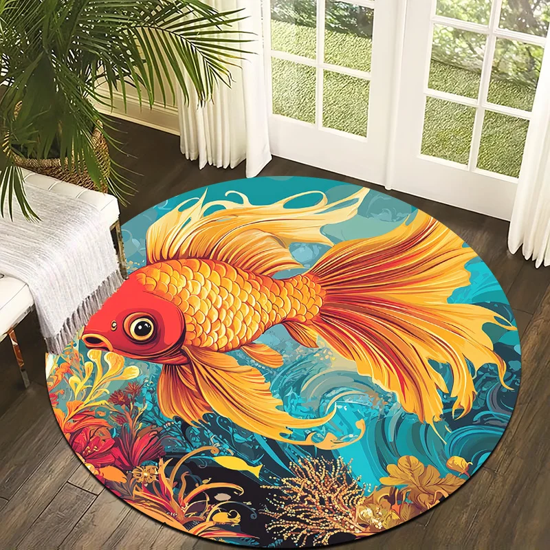 Gold Fish Group Theme Flannel-printed round floor mats are slip-resistant Suitable living room bedroom terrace garden carpets