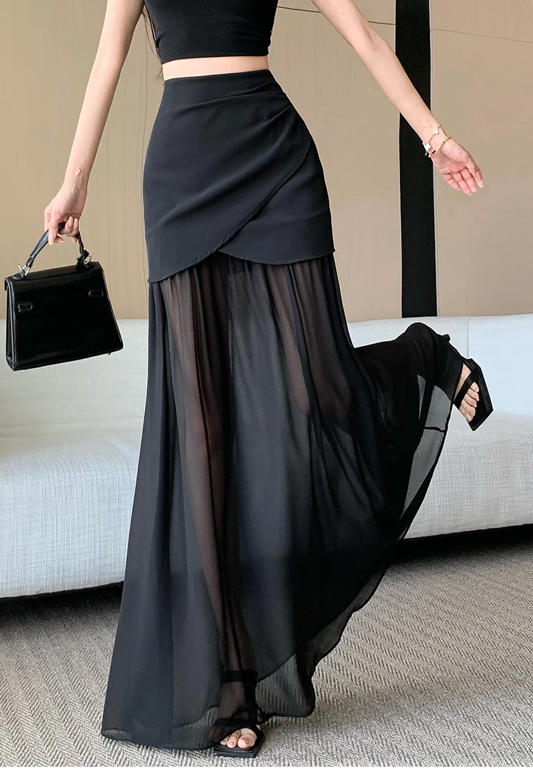 Nowa moda wysokiej klasy szyfonowa patchworkowa czarna płynąca seksowna pół spódnica nisza wysoka talia wyszczuplająca temperament długa spódnica