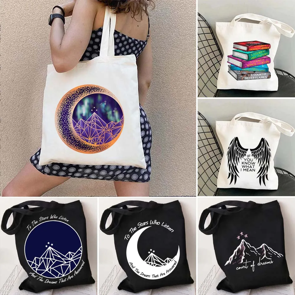 A Court Of Mist And Fury Thorns And Roses Sky Star Mountain Men Women's Canvas Shoulder Tote Bag Shopper Cotton Shopping Handbag