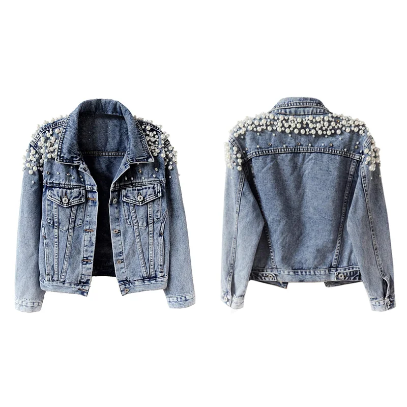 【TODAY-ONLY!】Women's Jean Jacket Embroidered Rivet Pearl Short Denim Jacket Coat