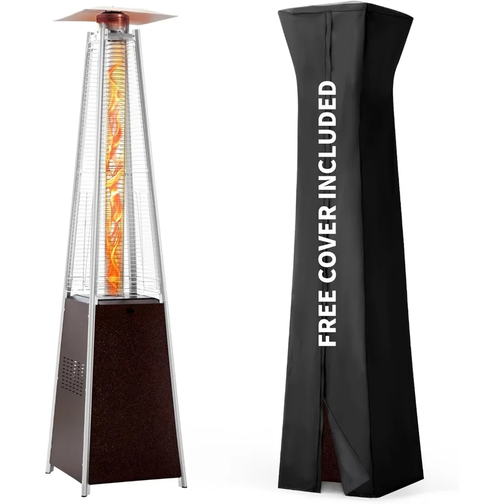 

Patio Heater, Pyramid Flame Outdoor Heater with Cover, Quartz Glass Tube Hammered Bronze Tower Propane