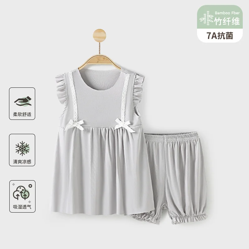 Girls' Pajamas Princess Style Korean Small Floral Lace Sweet Home Clothes Baby Short Sleeved+ Pants Air-conditioned Clothes  3