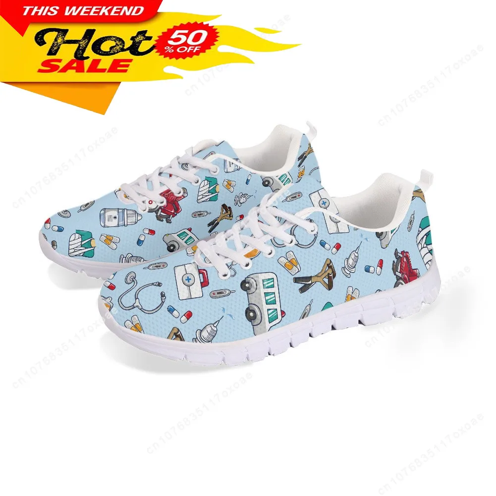 Spring Nurse Flat Shoes Women Cute Cartoon Nurses Printed Women's Sneakers Shoes Breath Mesh Flats Zapatos de Mujer