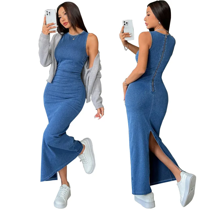 

Long Denim Dress Women Dresses Party Club Vestidos Round Neck Sleeveless Elegant High Waist Y2k Streetwear Bodycon Mom Jeans