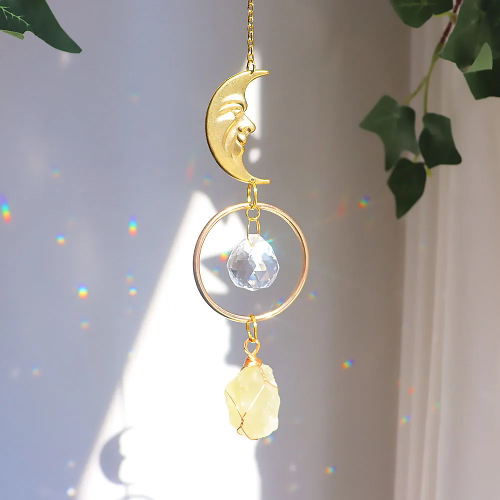 Custom Citrine Natural Crystal Wire Wrapped Sun Catcher - Celestial Crescent Moon Hanging Ornament for Window Decor