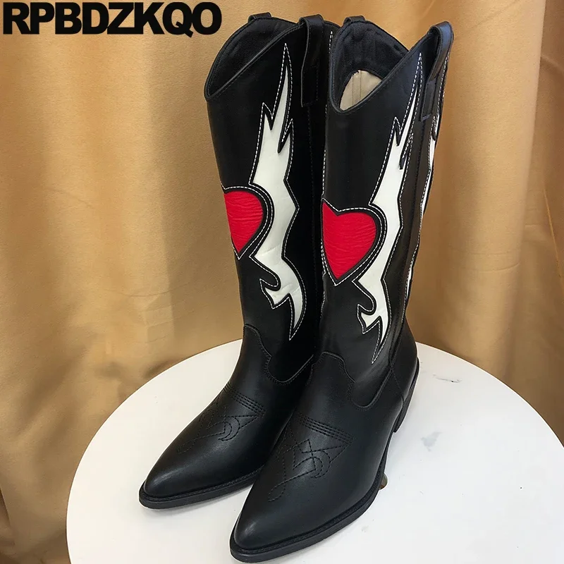 High Heels Boots Patchwork Cowgirl Cowboy Pointed Toe Western Fur Slip On Block Handmade Heart Women Shoes Mid Calf Embroided