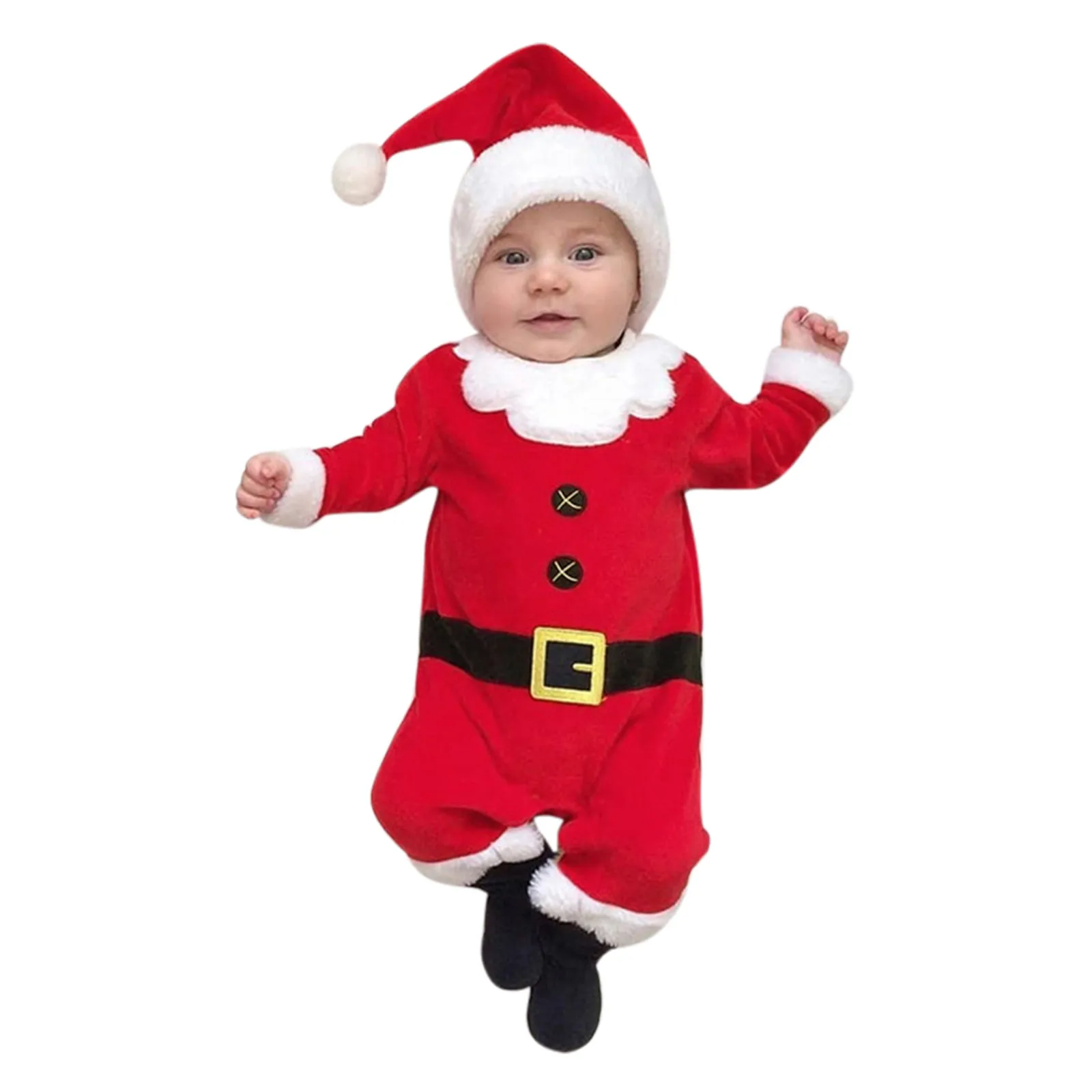 Christmas Baby Long Sleeve Toddler Xmas Elf Outfit Infant Baby Boys Girls Christmas Fleeced Romper Newborn Santa Claus Costume