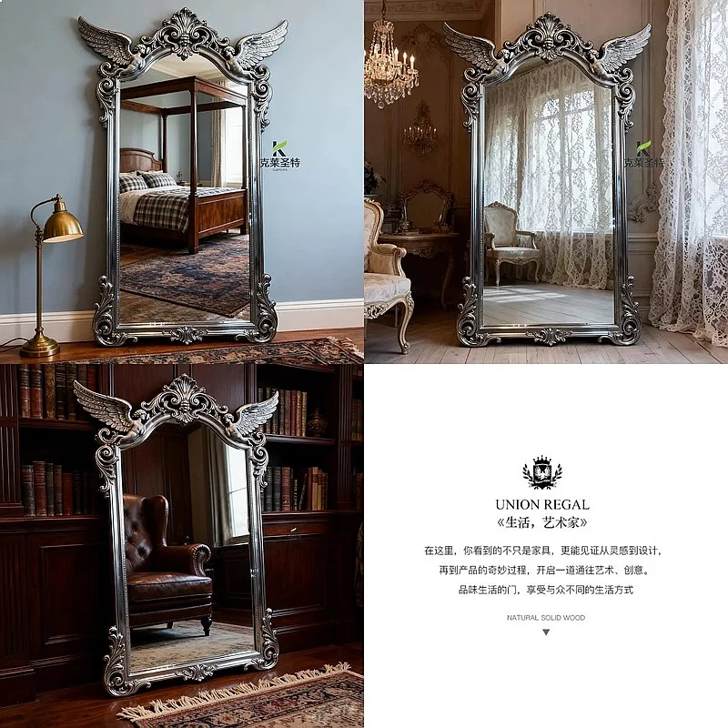 French Art Angel Decorative Mirror Vintage Carved Full Length Floor Standing Dressing Mirror Custom