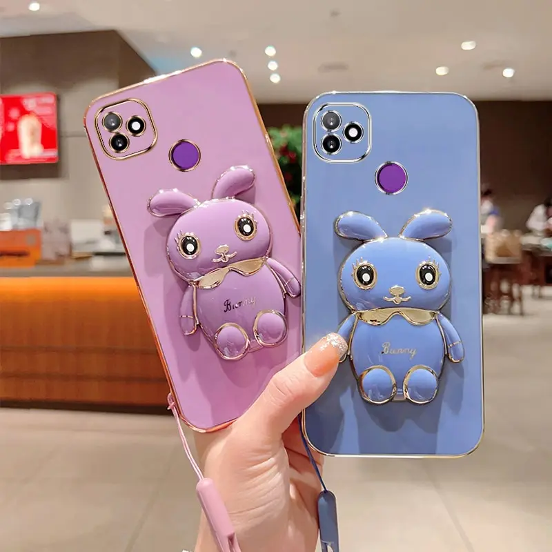 Phone Case For Infinix Vision 1 Luxury Plating Square Rabbit Holder With Landyard Phone Case Cover