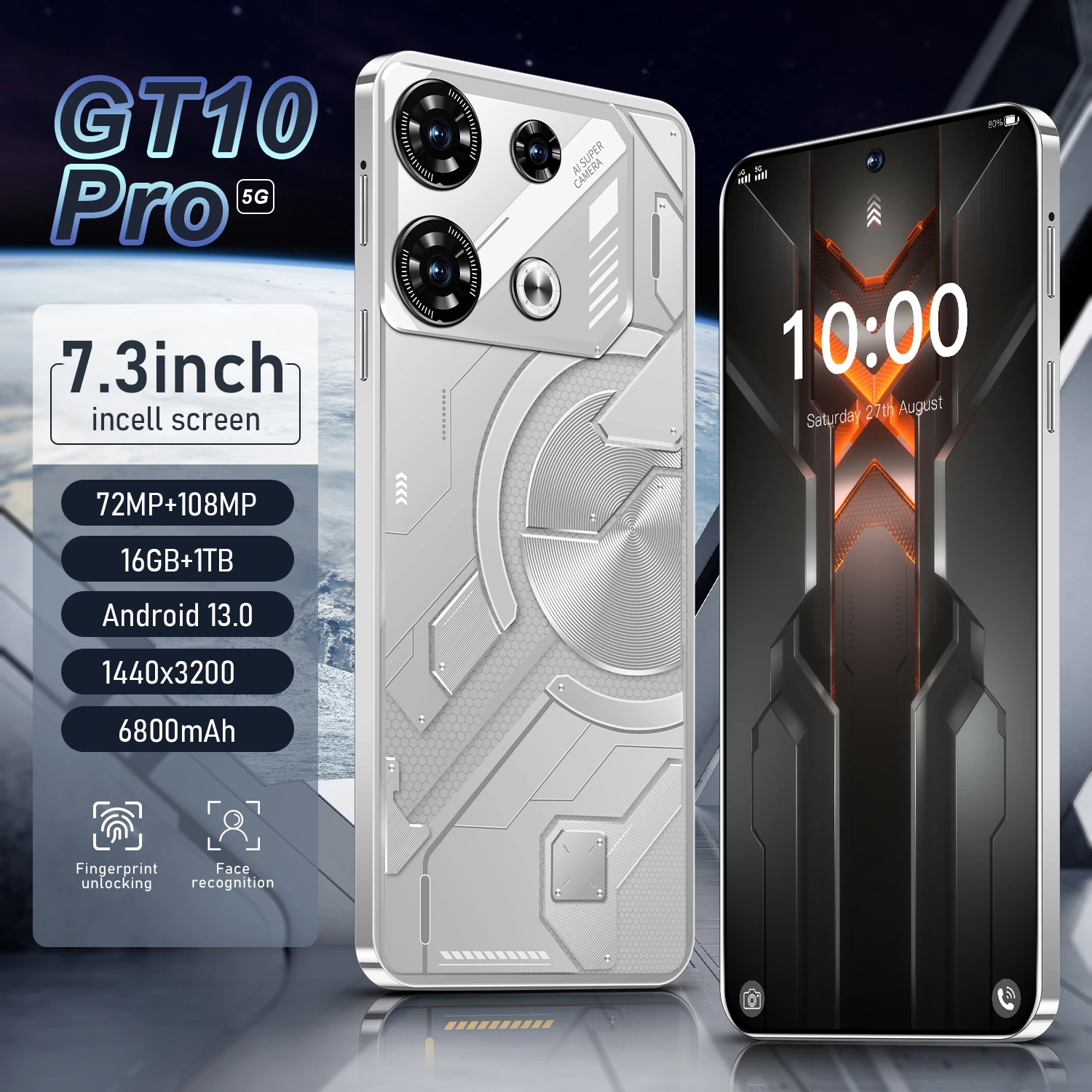

HOT 7.3 Inch GT10 Pro NEW Smart 6800mAh Battery Celulares High Quality Dual SIM ROM Global Edition Android13 Camera 108MP