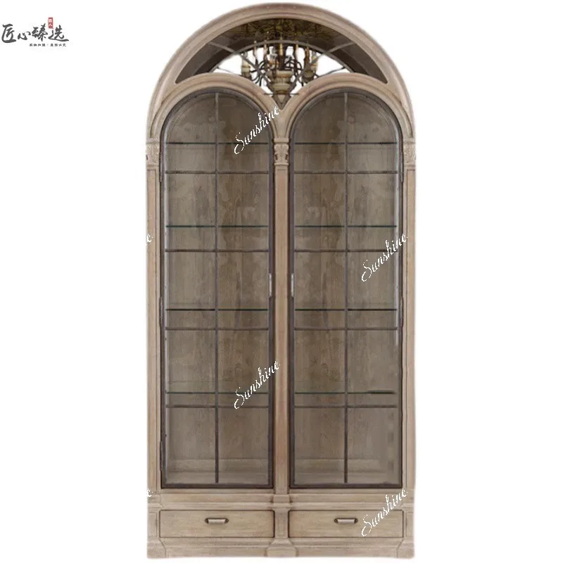 American light luxury, arched semi-circular wine cabinet, solid wood carved glass side displayP