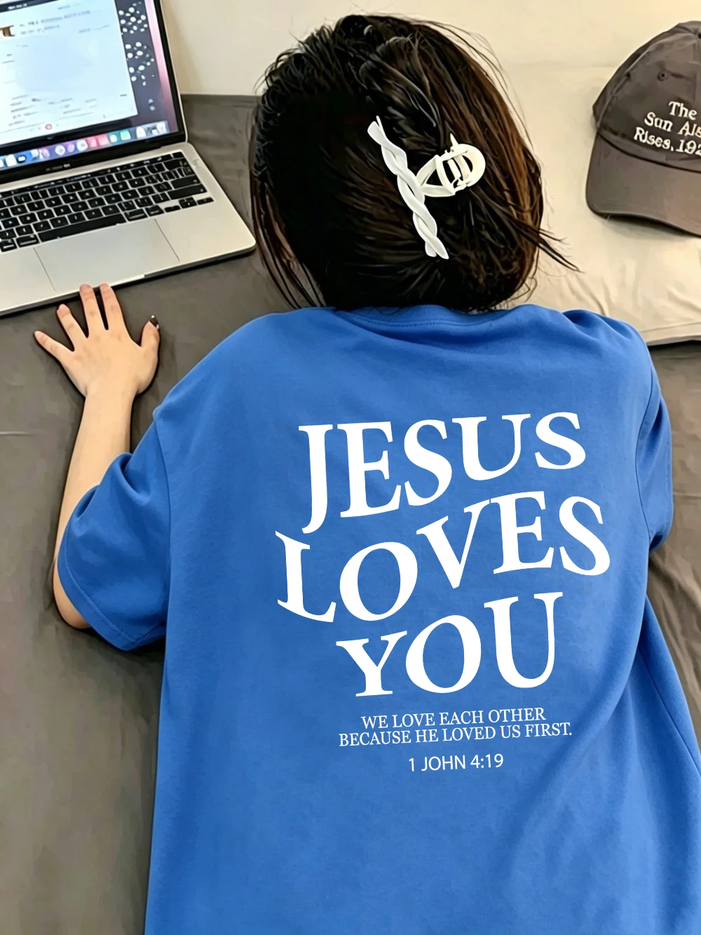 Summer T-Shirts Cotton Womens Jesus Loves You Letter Printing Short Sleeve Comfortable Soft O-Neck Tops Holiday Womans Clothes view 2