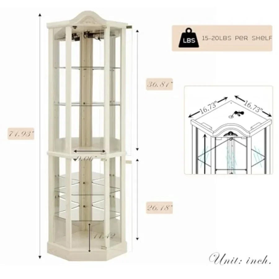 Bar and Liquor Storage: Tempered Glass Curio Cabinet with Light Bulb, 72 H, 6 Adjustable Shelves, Corner Wine Cabinet in Black