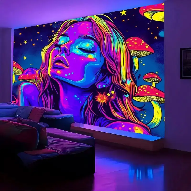 VIKAMA Neon Jellyfish Woman Back Wall Tapestry Blue Pink Glow Long Hair Circle Ring Cyberpunk Psychedelic Ocean Decor Charming