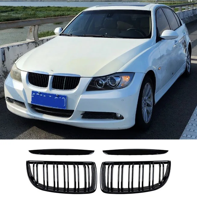 Glänzend schwarzer Kühlergrill für BMW 3er E90 E91 (2005-2008) mit Doppellamellen