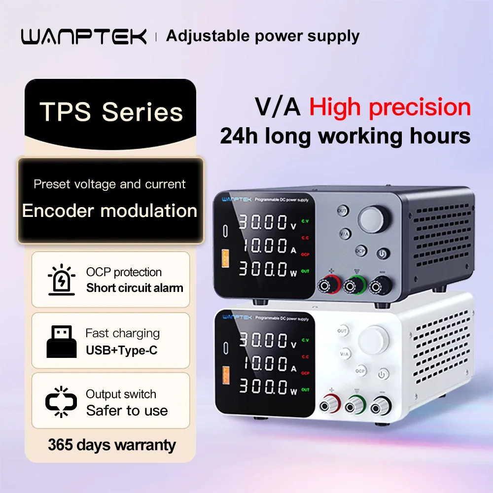 Wanptek Labornetzteil, einstellbar, 30 V 10 A, mit USB-A/Typ-C-Ausgang, Kurzschlussalarm, Gleichstromnetzteil